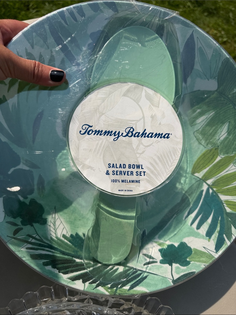Tommy Bahama Leafy Teal and Green Salad Bowl with Servers